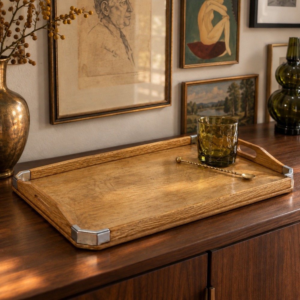 Vintage Wood Serving Tray with Chrome Corners, MCM Bar Decor